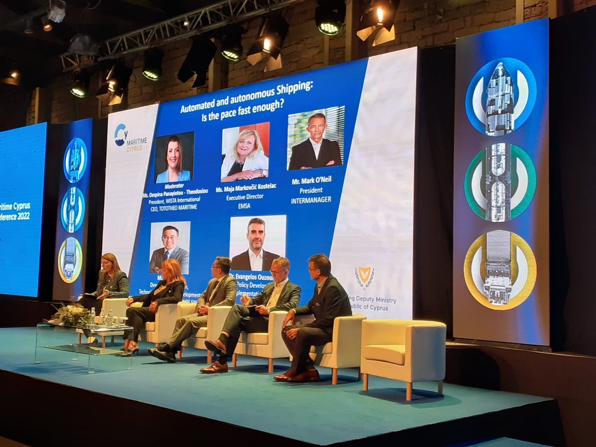 EMSA_EU's tweet photo. Our Executive Director Maja Markovčić Kostelac is this morning attending a high-level panel at the Maritime Cyprus conference on ‘Automated and autonomous shipping: is the pace fast enough?’ 🚢 🚢 🚢 🇨🇾 🌊 https://t.co/TSfRMNJ5Q7