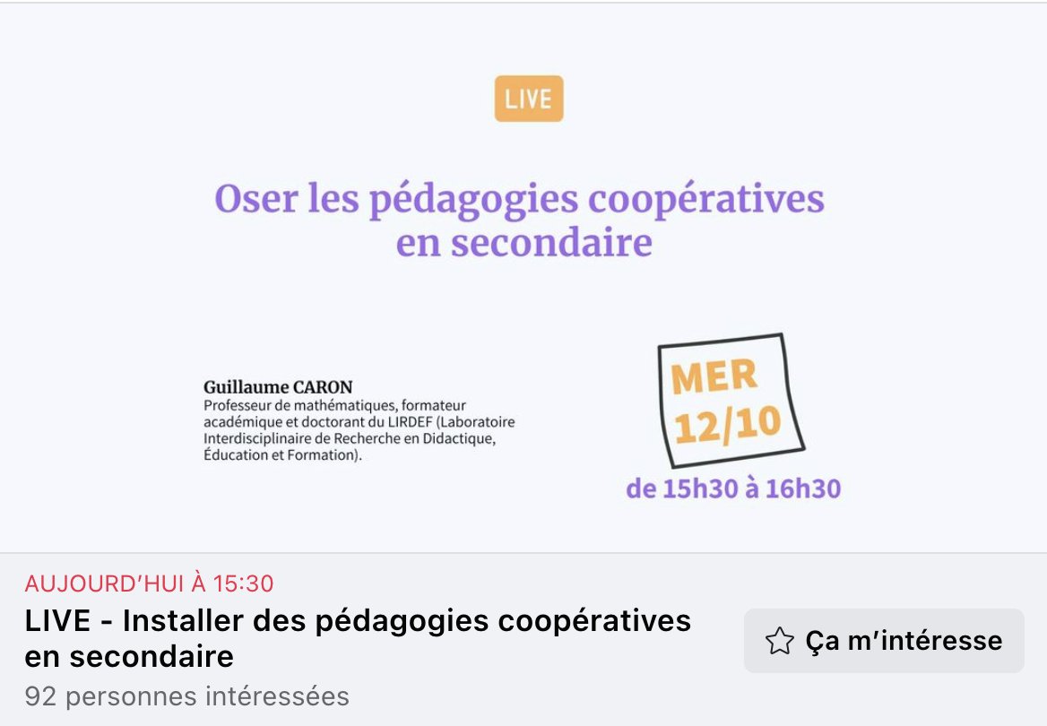 gcarondk's tweet photo. Je serai en live cet après-midi à 15h30 avec @EtreProf pour parler des pédagogies coopérativeS dans le second degré https://t.co/dMxraZWRiL https://t.co/S6MGCRGRuf
