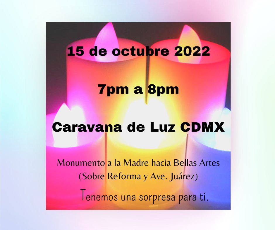 **DÍA DEL RECUERDO Y CARAVANA OLA DE LUZ CDMX
15 de octubre 2022 / 4pm a 8pm
Monumento a la Madre, Cdmx.
Usa ropa y calzado cómodo, Lleva una velita de pilas.
#oladeluz #DiaDelRecuerdo #muertegestacional #muerteperinatal #muerteneonatal #15DeOctubre #OctubreMesDelRecuerdo