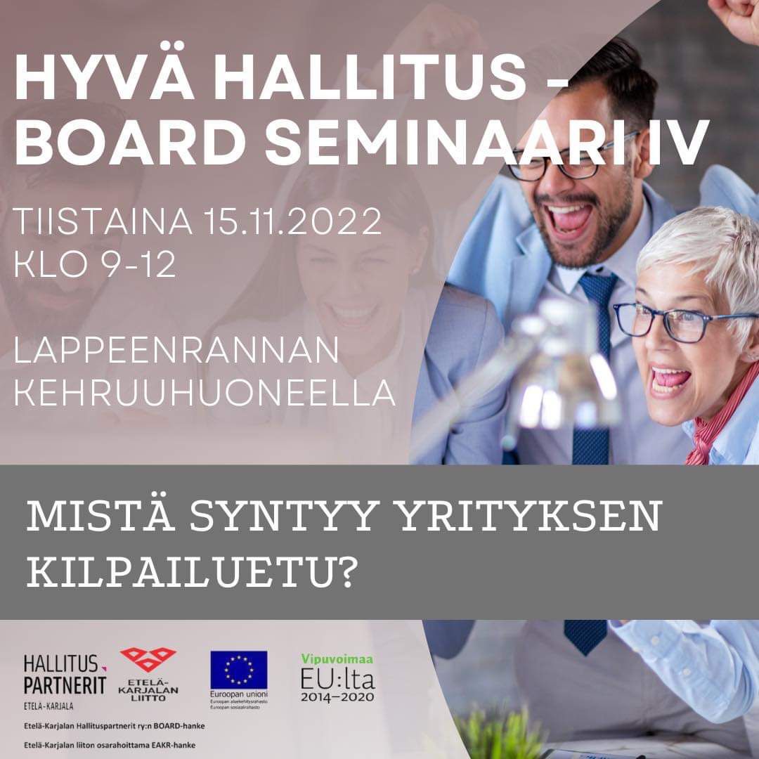 Yrityksen hallitustyöskentelyä kannattaa kehittää. Tule maksuttomaan seminaariimme. 
Miten saa työorganisaation ihmiset toimimaan halutusti? Mitä eroa on kilpailukyvyllä ja -edulla? 
etela-karjala.hallituspartnerit.fi/tapahtumat/ 
#ekhp #board2022 #kehittyvähallitus #hallitustyö #stategia #johtaminen