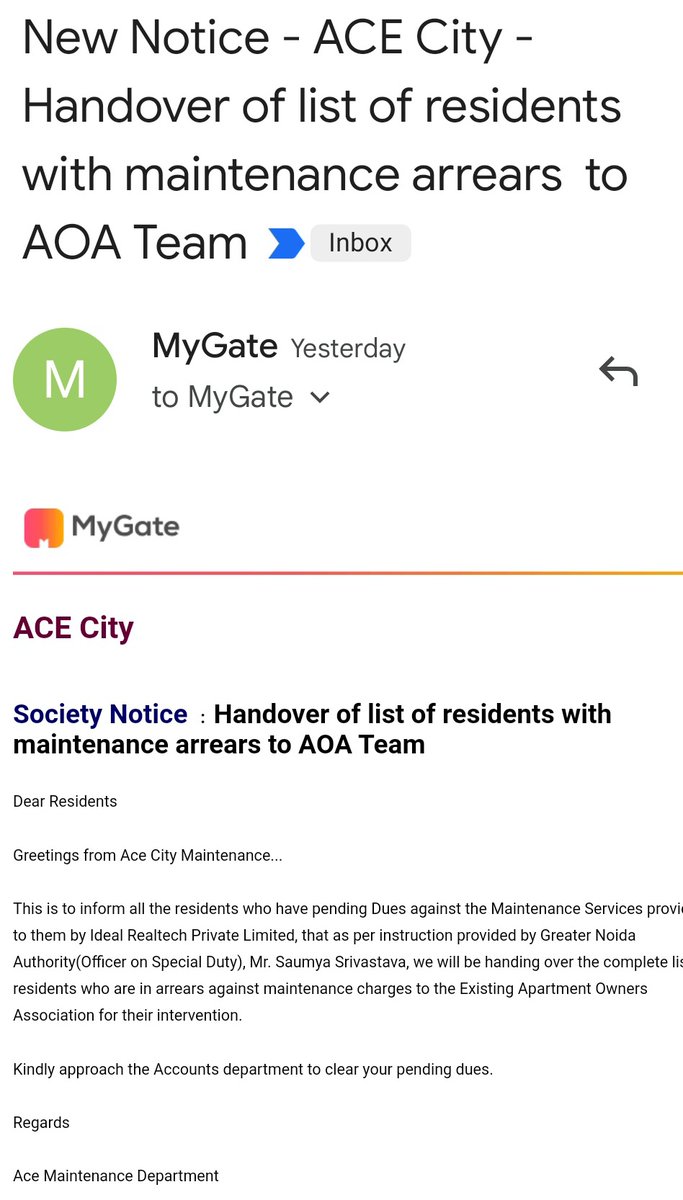 AcecityResident's tweet photo. एस सिटी बिल्डर @AceGroupIndia की मेंट्नेन्स एजेन्सी ग्रेटर नॉएडा अथॉरिटी के O.S.D @IAS_SAUMYA के नाम पर   निवासियों को गुमराह कर रही है और UP Apartment act के तहत full ifms AOA को ट्रान्स्फ़र करने में आनाकानी कर रही@OfficialGNIDA @Dkumarchandel @NCRKHABAR @HTNoidaGzb @uspathak https://t.co/gcHZUt6h0Q