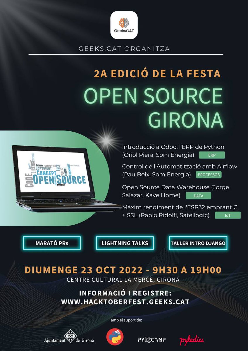 Geeks_CAT's tweet photo. Save the date! 📆Diumenge 23/10 celebrem el #hacktoberfest amb la 2a edició Festa Open Source a Girona 🥳 

Xerrades, tallers, marató de PRs + mentories i molt de codi lliure per tots els nivells. Només falteu vosaltres! 

Podeu registrar-vos ara a https://t.co/ouRIcRGvhG https://t.co/aFTcY5Jj3A