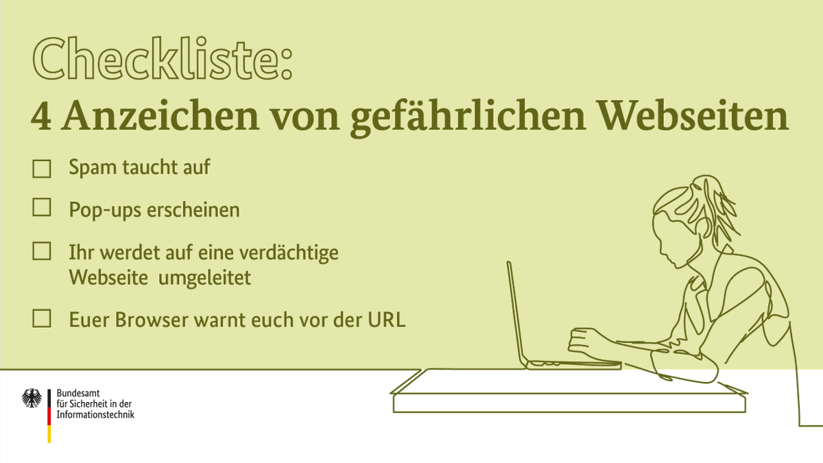 BSI_Bund's tweet photo. Nicht alle Webseiten sind vertrauenswürdig. Mit unserem Mini-Guide erkennt ihr riskante Seiten ab sofort schneller. 
Wenn ihr zusätzlich die Tipps für sichere Browsereinstellungen befolgt, surft ihr schon deutlich sicherer
👉 https://t.co/uvhbxp2G1X 

#DeutschlandDigitalSicherBSI https://t.co/gNiq3rhnci
