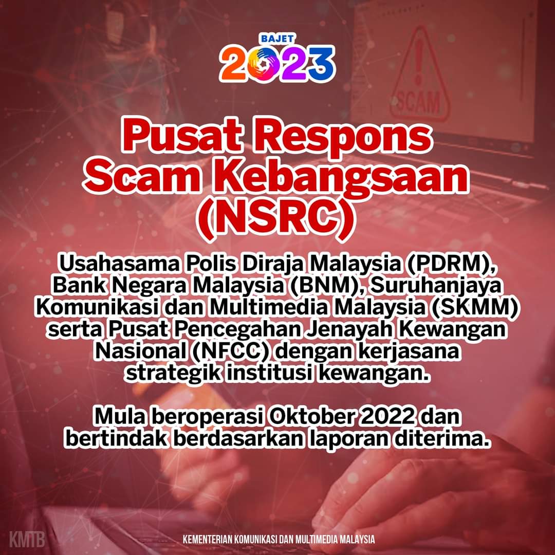 #BAJET2023 #KKOMM

Pakej Remaja #KeluargaMalaysia

Pemerkasaan CyberSecurity Malaysia berjumlah RM73 juta

Pusat Respons Scam Kebangsaan (NSRC)

@kkmm_gov
<a href="/AnnuarMusa/">Annuar Musa</a>