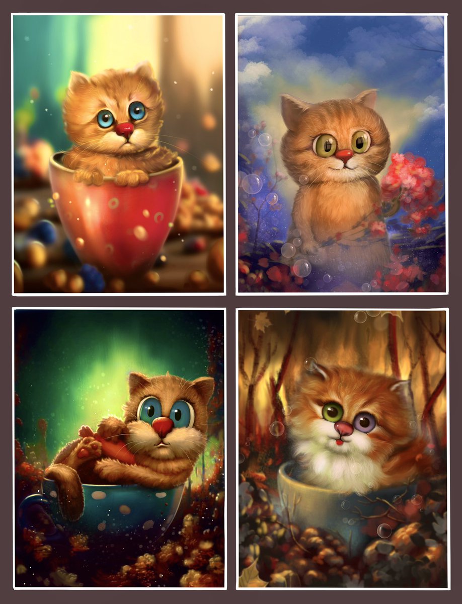 Good morning, friends.  

Which kitten do you like better? 

Candy 🍭   Romantic 💐

Lucky🍀     Weirdo 🍁

Available at <a href="/opensea/">OpenSea</a>  Link in the comments 👇