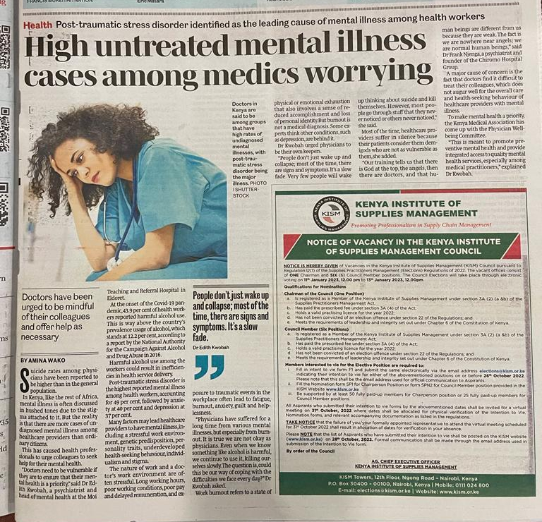 kmpdu's tweet photo. Psychological wellbeing has an important impact on individuals’ performance. At the work place, health workers require a support system to promote their mental wellbeing &amp; their activity need to be continually monitored. Health of caregivers is critical &amp; should be prioritised. https://t.co/HxCr5VnwXh