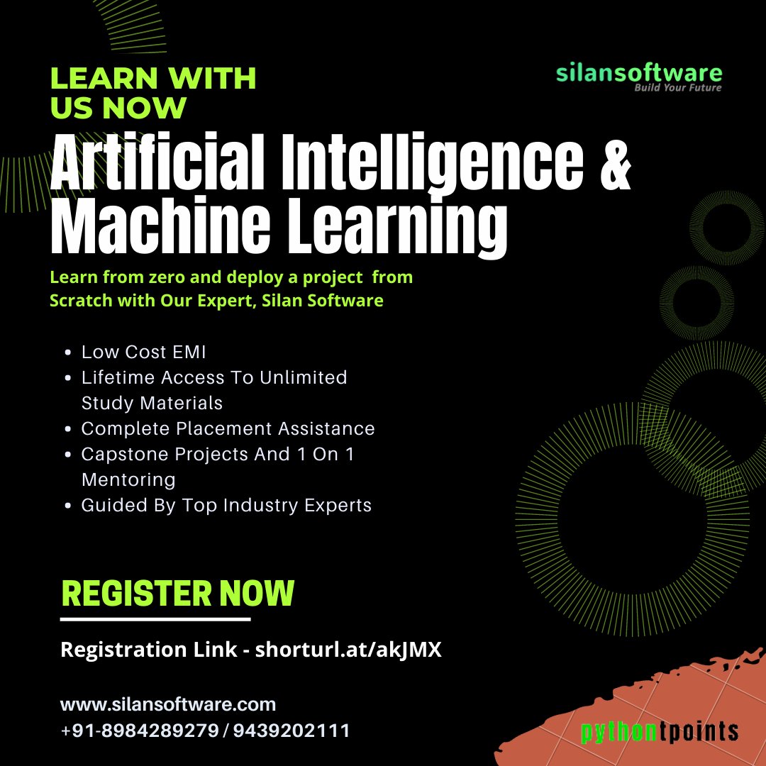 SilanSoftware's tweet photo. Learn Artificial Intelligence & Machine Learning with us to boost your knowledge in AI..
#python #Pythoncourses #pythontraining #pythontrainingcourse #trainingcourses #datascience #education #educational #educate #PowerBI #learning #programminglife #AI #artificialintelligence https://t.co/0F08p0LNFl