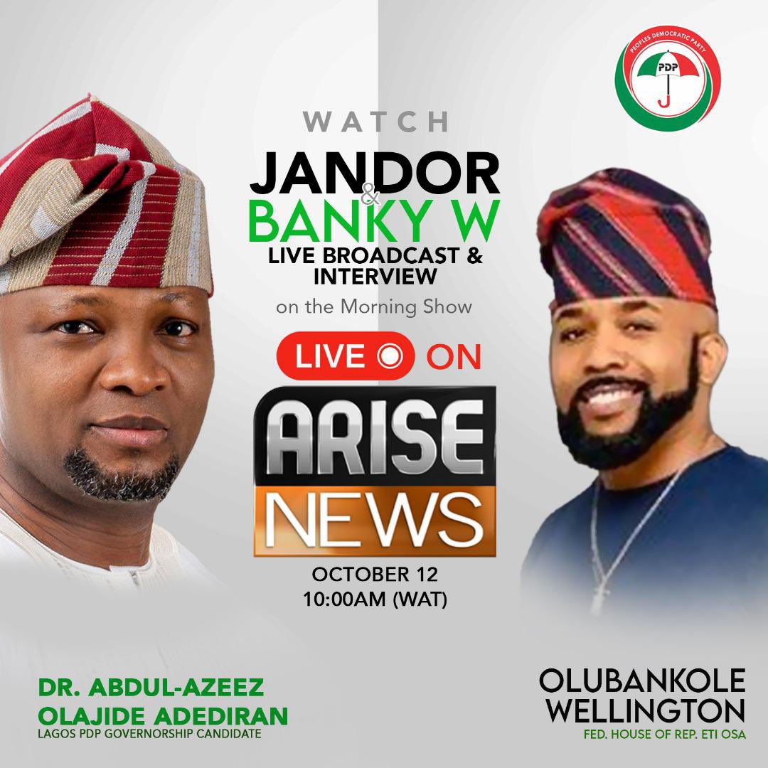Gubernatorial electioneering activities commence today and PDP in Lagos, like PDP at the National level, is ready from Day One.

Watch <a href="/officialjandor/">Dr. Azeez Olajide Adediran</a> deliver a live address on <a href="/ARISEtv/">ARISE NEWS</a> by 10am this morning and <a href="/BankyW/">Banky Wellington</a> grant an interview on our readiness to win, for The People.