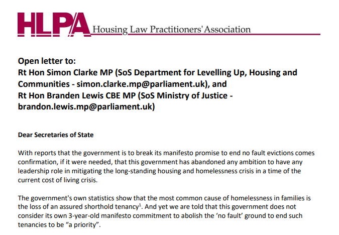 HLPA has written an open letter to the SoSs for Housing and Justice. We call on the government to honour its three year promise to abolish so called 'no fault' evictions. 

The full letter can be read here:
hlpa.org.uk/cms/wp-content…