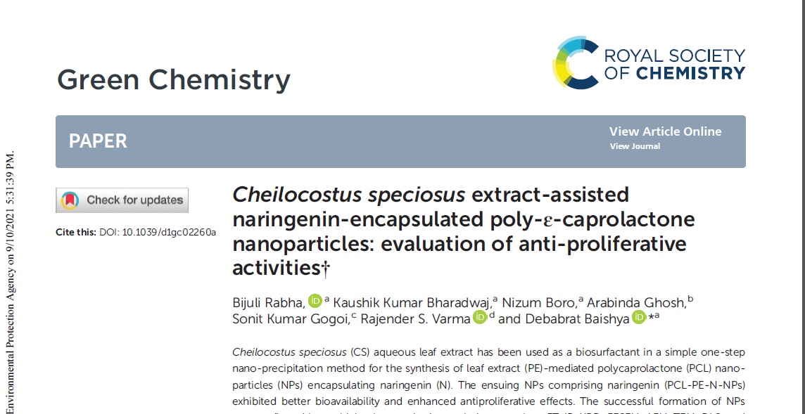 CancerGhy's tweet photo. R K Borkotoky Best Paper Award will be awarded to Dr Debabrat Baishya from Gauhati University for a paper on "bioactive compound, naringenin, from the as-synthesized nanoparticles in cancer therapeutics" published in Green Chemistry (Royal Society of Chemistry) https://t.co/qch7EdDVyy