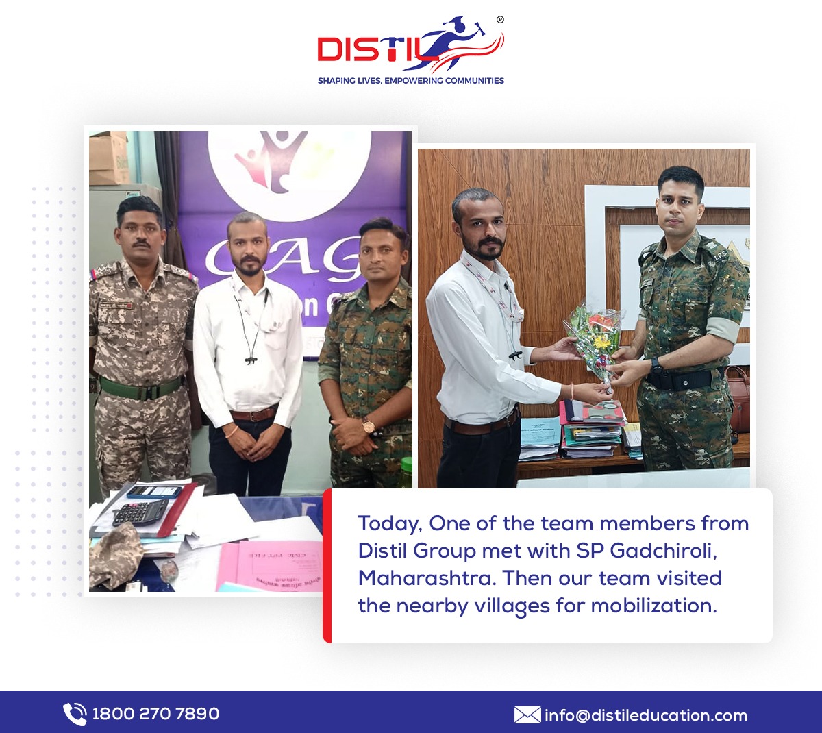 distiledutech's tweet photo. We are glad to announce that one of our team members met SP Gadchiroli, Maharashtra. Then our team visited the nearby villages for mobilization.
#distileducation #distilgroup #maharashtra #SP https://t.co/qchQY9D9ET