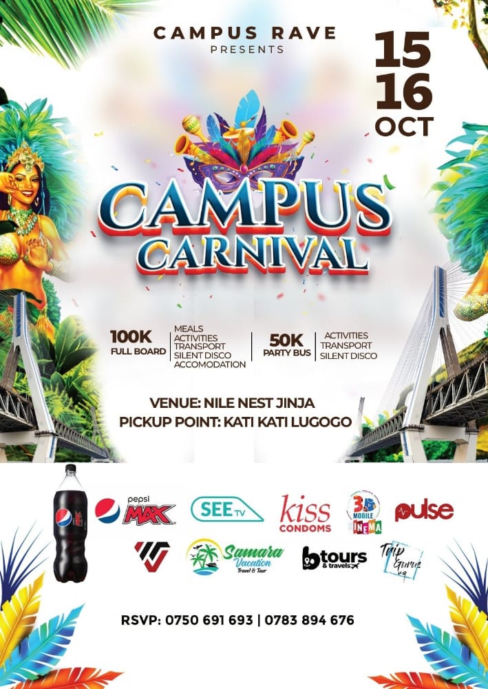 eeh eeh we are now counting 2 Days to the campus carnival, kati let's not leave anymore back in Kampala, book your slot today with 10k and get 5% discount,,, inbox for more details
#CampusCarnival