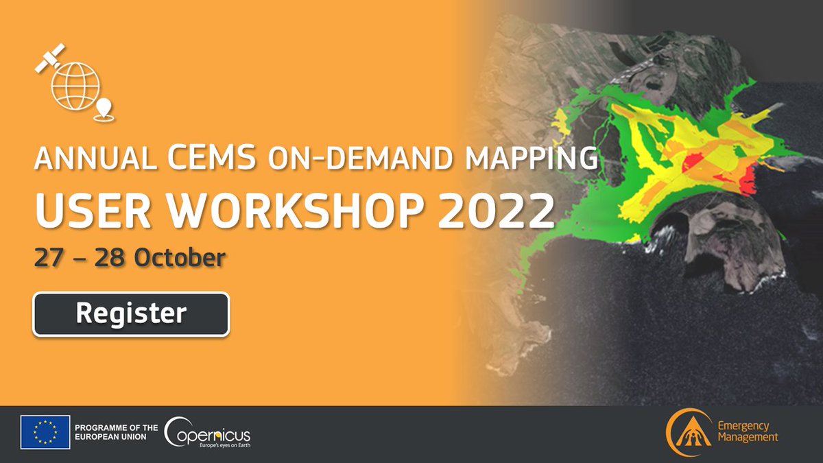 Are you interested in learning how our mapping products support disaster risk management, preparedness & emergency response❓ The #CEMS On-Demand Mapping user workshop will provide you with the right opportunity💡 📅27 & 28 October 📍Online Register👇 e.copernicus.eu/CEMSMappingWor…