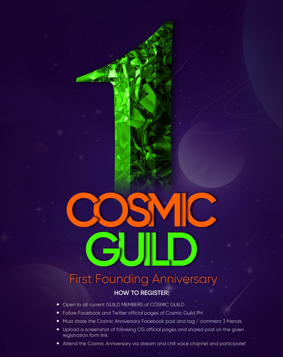 One year down, a Cosmic year to go! 💫

This October 2022, Cosmic Guild will be celebrating its first Anniversary. Register now through forms.gle/3DaKK9DPjX9LRv… to save yourself a seat and get the chance to win exclusive COSMIC Merchandise. discord.gg/cggdao 🚀👽