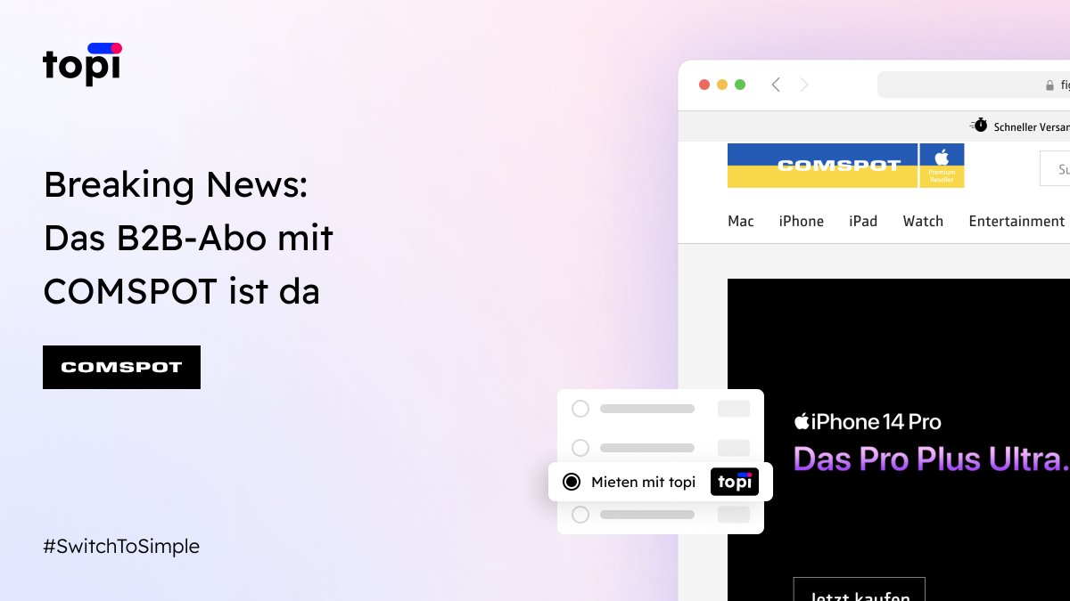 💥 Wir freuen uns riesig, dass wir mit COMSPOT, Europas größtem Apple-Premium-Reseller, den nächsten großen Elektronikhändler als Partner vorstellen können 💥

Tragen Sie sich jetzt auf unsere VIP-Liste ein, um zu exklusiven Konditionen zu mieten: topi.eu/de/waitlist1?s…