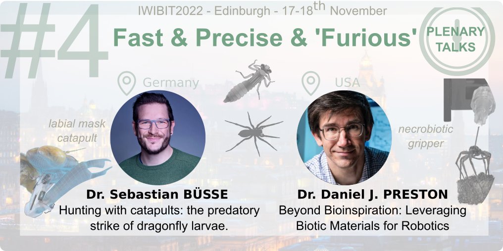 Iwibit2022's tweet photo. Scientific Program 4/6: Fast, precise &amp; 'furious'
-Dr. @sci_SB will present a robotic arm inspired by the prehensile labial mask of the dragonfly larva ('catapult'), an alien-like predator. 
-@ProfDanPreston will talk about #necrobiotics: how to use a dead spider as a gripper 🕷️ https://t.co/2RVGei5CfN
