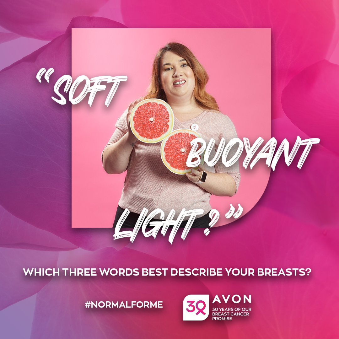 avonworldwide's tweet photo. What three words describe your breasts or pecs? Tell us! The more people know what 'normal' feels like for them, the easier it will be to spot changes. Because early detection saves lives! https://t.co/3No6HxC1G5 #NormalForMe https://t.co/FhcvU1vLHw