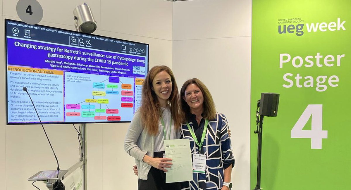 Congratulations to our #cytosponge team and especially our registrar Iana Martini for her prize winning presentation at @UEGWeek22 #barrettsoesophagus #earlydiagnosis @enherts @ENHertResearch @GastroEnht