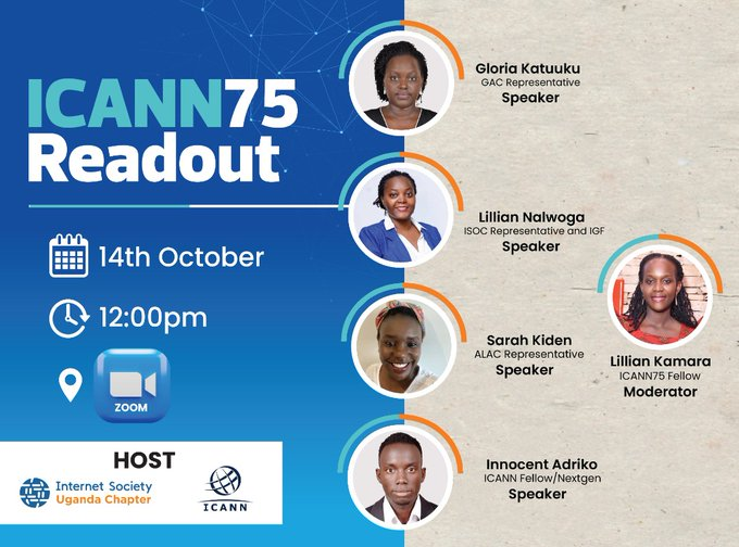 📢📢📢📢Let's join <a href="/ISOCUg/">ISOC Uganda Chapter</a> for an #ICANN75 Readout this Friday
Date: 14th October 2022
Time:12 pm EAT
Venue: Zoom
Register here; us06web.zoom.us/meeting/regist…
<a href="/ICANN/">ICANN</a> <a href="/OmondiBob/">Bob Ochieng</a> <a href="/gkatwine/">Gloria Katuuku</a> <a href="/AfricanAtLarge/">AFRALO</a>