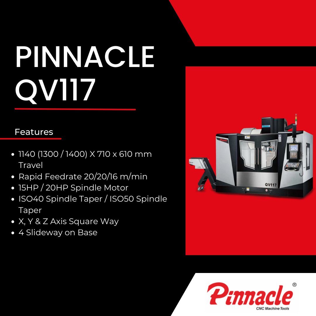 PinnacleTools's tweet photo. A Pinnacle VMC machine is built for optimum machining performance and dependability year on year. With outstanding precision when machining, makes the QV117 suitable for extra heavy-duty machining, superior stability and excellent rigidity. 

#cnc #machinefeatures #Pinnacle https://t.co/vT0iKMEsL7