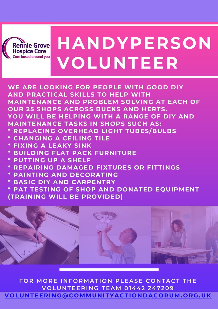 Volunteer Dacorum (@vcdacorum) on Twitter photo We are looking for people with good DIY and practical skills to help with maintenance and problem solving at each of our 25 shops across Bucks and Herts.
For more information please contact the volunteering team 01442 247209
volunteering@communityactiondacorum.org.uk We are looking for people with good DIY and practical skills to help with maintenance and problem solving at each of our 25 shops across Bucks and Herts.
For more information please contact the volunteering team 01442 247209
volunteering@communityactiondacorum.org.uk
