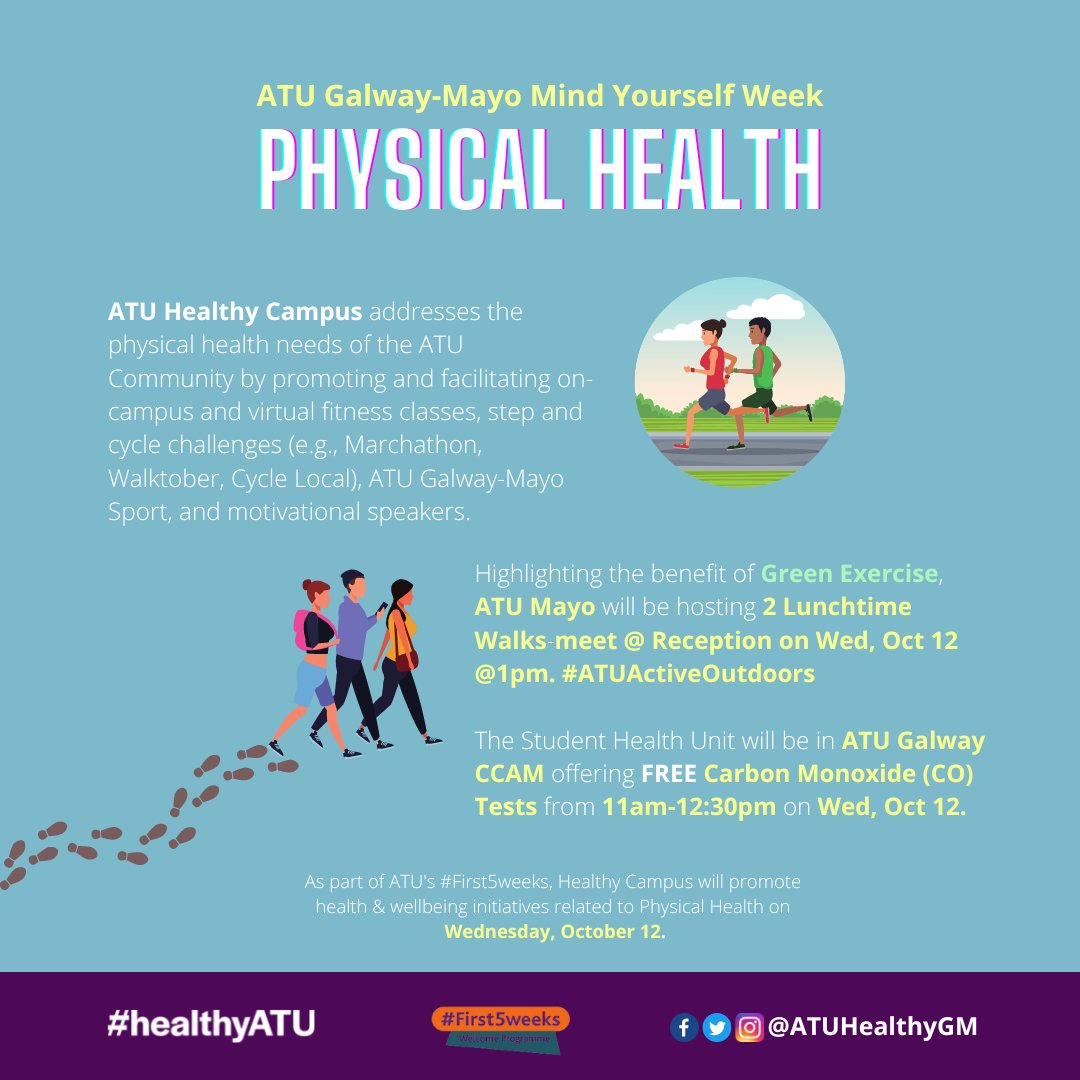 ATUHealthyGM's tweet photo. Today's Mind Yourself Wk themes focus on #PhysicalHealth &amp; #Nutrition❤️ Tune in 2 a webinar this morning on Creating a Balanced #breakfast, popover 2 Union Sq @ATU_GalwayCity 4 #healthyeating info, join @ATU_Mayo 4 a lunchtime walk, take a CO test @ATU_GALWAY_SDCA #First5weeks https://t.co/3tMIHXazFV