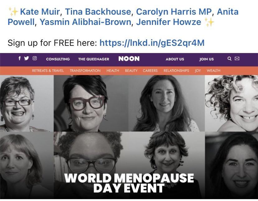 How do we make menopause care more inclusive? Join our free online <a href="/FromNoon/">Noon</a> debate Monday 17th 6.15pm. With me <a href="/Muirkate/">Kate Muir</a> <a href="/carolynharris24/">Carolyn Harris</a> <a href="/EleanorMills/">Eleanor Mills</a> <a href="/IamAnitaPowell/">Anita Powell (Blue Tick)</a> and Yasmin Alibhai-Brown. Link here: noon.org.uk/world-menopaus…