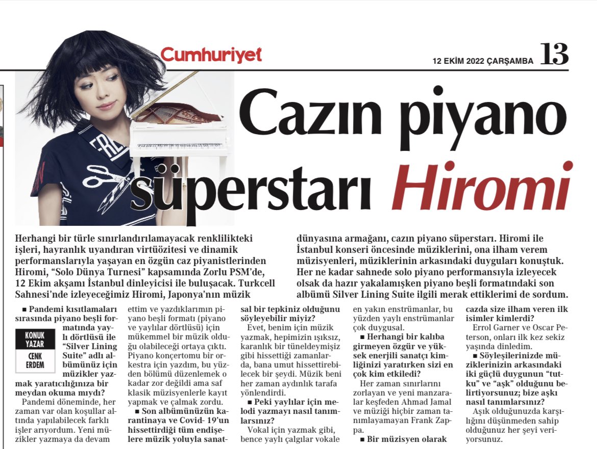 Cazın piyano süperstarı #Hiromi, bu akşam Zorlu PSM’de İstanbul dinleyicisi ile buluşacak. Konser öncesinde gerçekleştirdiğimiz söyleşide tüm merak ettiklerimi sordum. #Cumhuriyet manşetten! cumhuriyet.com.tr/kultur-sanat/c…