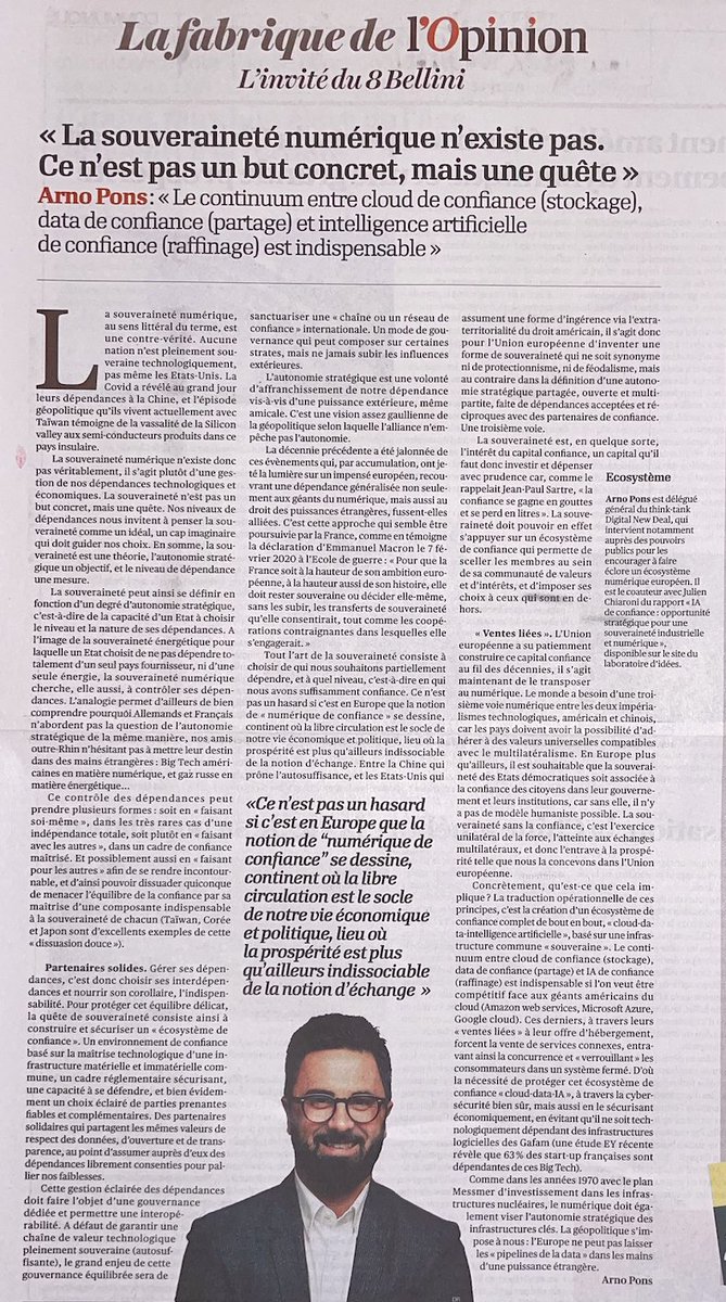 «La souveraineté est une théorie, l’autonomie stratégique un objectif, et le niveau de dépendance une mesure...
Le but pour l’UE c’est de viser l’autonomie tech via une infra de confiance afin que les pipelines de la data ne restent aux mains de puissances étrangères» <a href="/arnopons/">ARNO PONS</a>