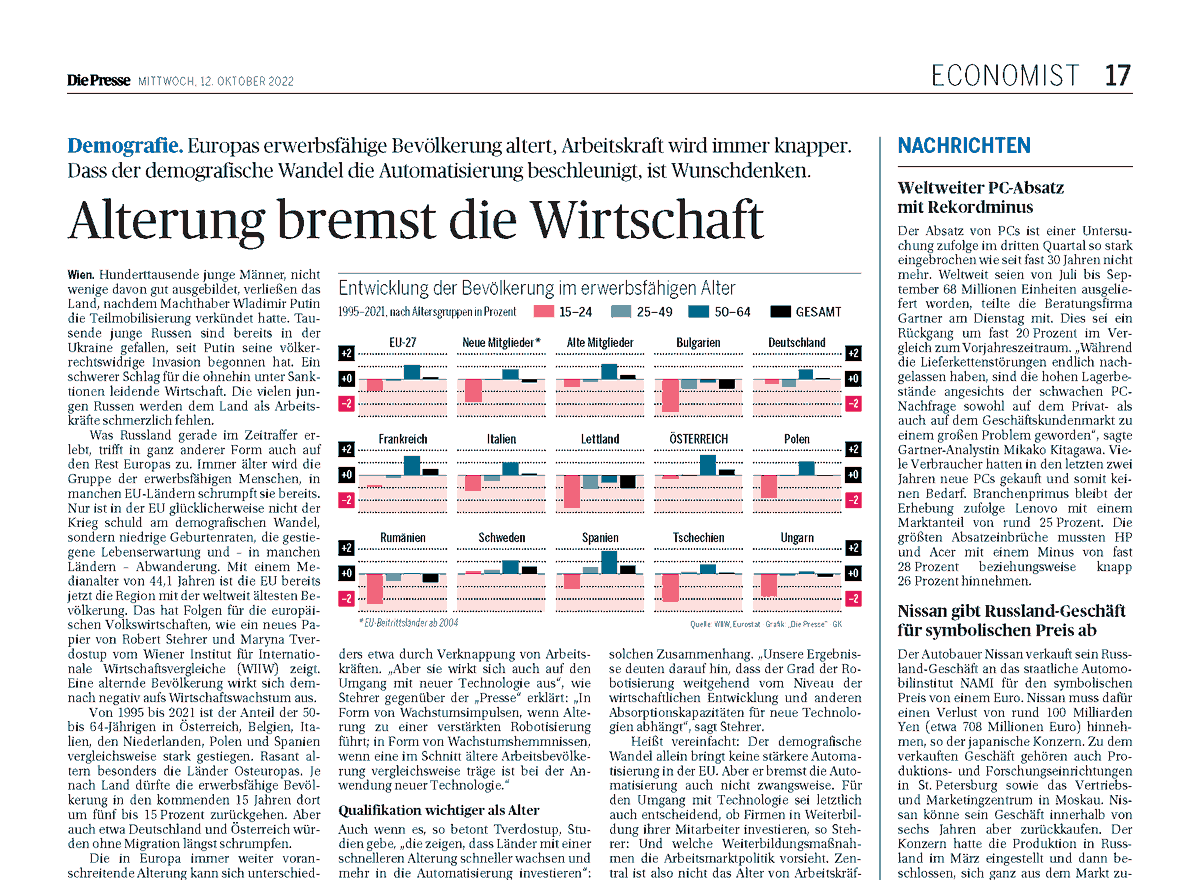 wiiw (@wiiw_ac_at) on Twitter photo Europas erwerbsfähige Bevölkerung altert, Arbeitskraft wird immer knapper. Dass der demografische Wandel die Automatisierung beschleunigt, ist Wunschdenken, berichtet <a href="/DiePressecom/">Die Presse</a> über unsere neue Studie von @RobertStehrer & <a href="/MaryTverdostup/">Maryna Tverdostup</a>. Download➡️rb.gy/lcys5p Europas erwerbsfähige Bevölkerung altert, Arbeitskraft wird immer knapper. Dass der demografische Wandel die Automatisierung beschleunigt, ist Wunschdenken, berichtet <a href="/DiePressecom/">Die Presse</a> über unsere neue Studie von @RobertStehrer & <a href="/MaryTverdostup/">Maryna Tverdostup</a>. Download➡️rb.gy/lcys5p