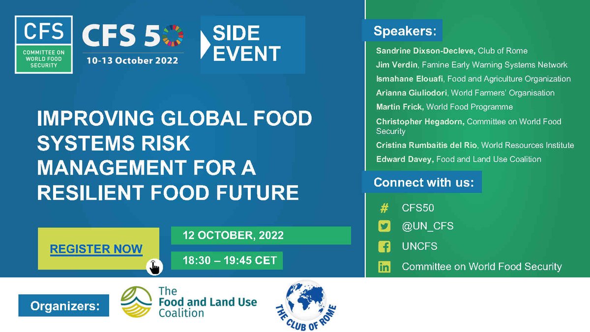 🚨 Today @ 18:30 CET!

Join <a href="/cmfrick/">Martin Frick</a>, <a href="/SDDecleve/">Sandrine Dixson</a>, <a href="/IsmahaneElouafi/">Ismahane Elouafi</a>, <a href="/ChrisHegadorn/">Chris Hegadorn</a>, <a href="/arigiulio/">Arianna Giuliodori</a>, <a href="/timgbenton/">Tim Benton</a>, <a href="/cristina_rdr/">Cristina Rumbaitis</a>, <a href="/edwardleodavey/">Edward Davey</a> and Jim Verdin for an expert #CFS50 side event on improving global food systems risk management for resilience.

📝: wri.zoom.us/webinar/regist…