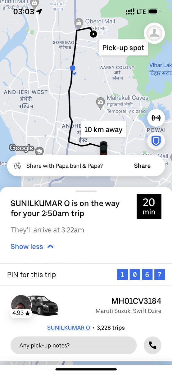 ipshita_deb's tweet photo. @Uber @UberINSupport Had scheduled a trip at 2:50 am and a driver got assigned by 2:30 showing 20 mins to arrive. Same condition till 3:22 even after multiple calls and messages!! Finally resorted to another mode of transport and now I am being charged a hefty cancellation fee? https://t.co/0cjectnvZL