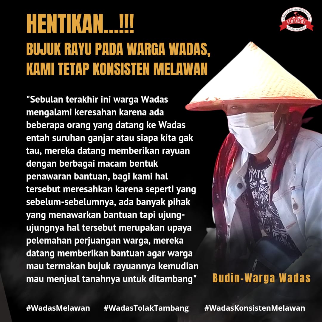 Wadas_Melawan's tweet photo. Hentikan Bujuk Rayu pada Warga Wadas, Kami Tetap Konsisten Melawan.

"Sebulan terakhir ini warga Wadas mengalami keresahan karena ada beberapa orang yang datang ke Wadas entah suruhan ganjar atau siapa kita gak tau, mereka datang memberikan rayuan dengan https://t.co/mD0aeTCvxp