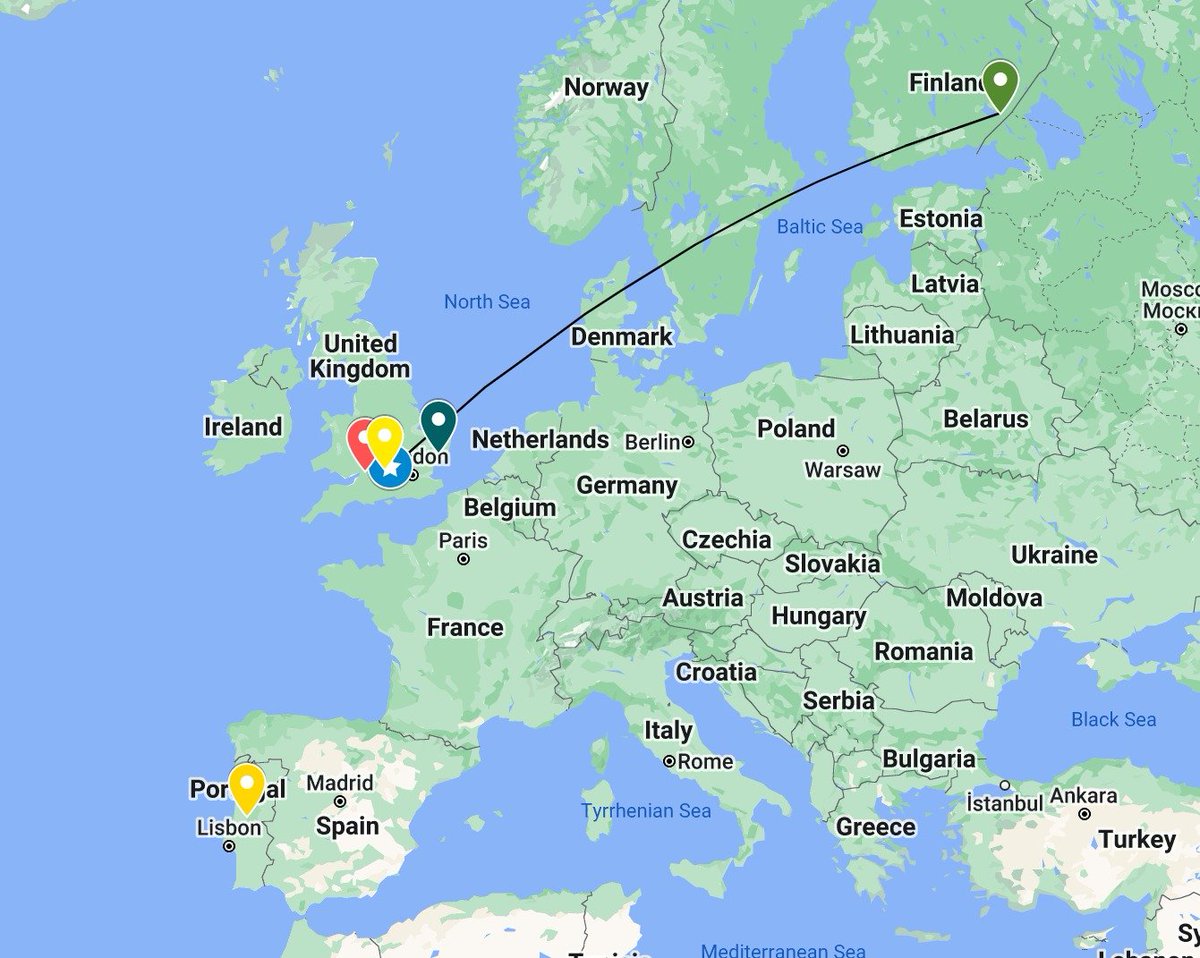 OxfordRinging's tweet photo. We have just received our second overseas ringing recovery! Age 3 Blackbird ringed in Oxford on 5th December 2021, found (dead) in Kymi, Finland on 11th July 2022 🇫🇮 2106 km in 218 days! Map shows recoveries > 10 km. https://t.co/sEy6n26ccg
