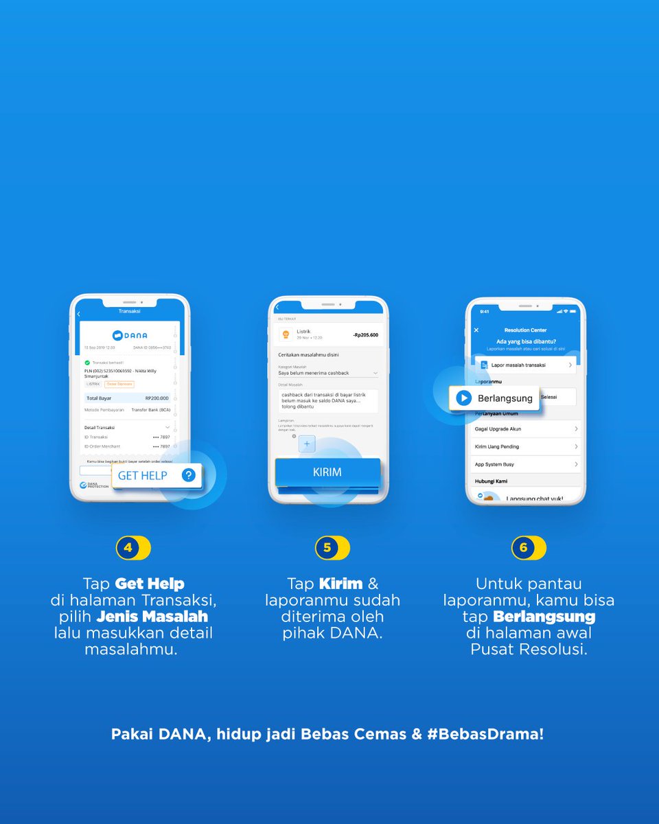 danawallet's tweet photo. Nyamannya transaksi pakai DANA, ada Pusat Resolusi 24/7 yang siap bantuin kamu lho! Kalo terjadi kendala pas transaksi, kamu bisa lapor &amp; cek progressnya di fitur ini. Pakai DANA, hidup #BebasDrama. https://t.co/hky7DTpzoW
