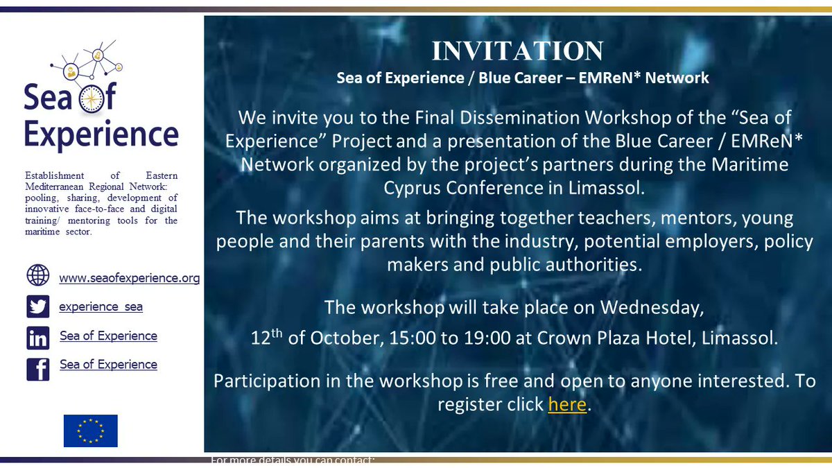 experience_sea's tweet photo. Do not forget our Final Dissemination Event!!!!!
Today at 15:00 @ Crowne Plaza Limassol https://t.co/TFbR7K2qXJ