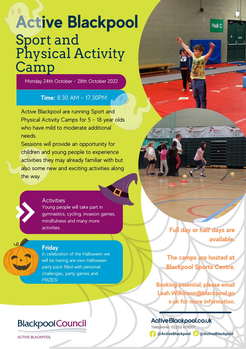 We are running a sport and physical activity camp for 5 – 18-year-olds with mild to moderate additional needs in the October half-term. Full or half day available. Booking essential, email leah.wilkinson@blackpool.gov.uk