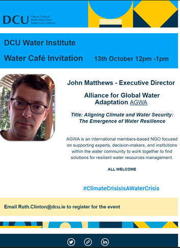 DCUWater's tweet photo. It's Climate Action Week & we are hosting #WaterCafe with John Matthews of @Alliance4Water
13th Oct Thursday 12pm & invite all followers to attend. Email Ruth.Clinton@dcu.ie to register #ClimateCrisisIsAWaterCrisis #ClimateActionWeek
@DCU @EPAIreland @EPACatchments @siwi_water https://t.co/TZ6Hsmsvva
