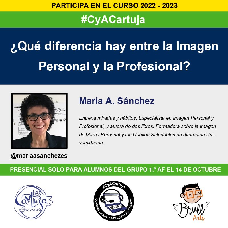 Y este viernes día 14 de octubre en riguroso directo para #CyACartuja y #GACartuja hablaremos de #ImagenProfesional con la profesora <a href="/mariaasanchezes/">María A. Sánchez</a> ¡seguimos aprendiendo! 

#FP #Comunicación <a href="/iescartuja/">IES Cartuja</a> <a href="/AndaluciaJunta/">Junta de Andalucía</a> <a href="/educaciongob/">Ministerio de Educación, FP y Deportes</a>