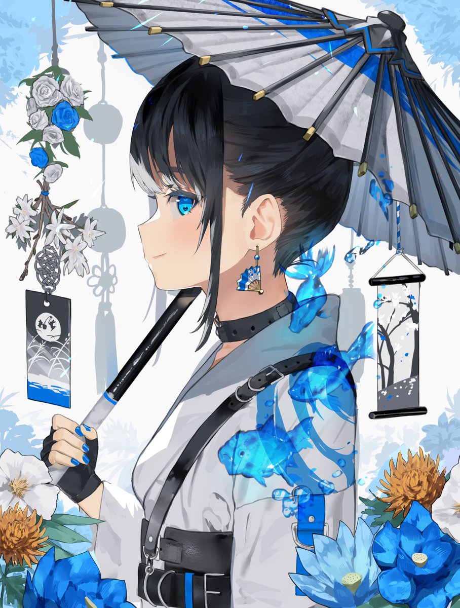 1girl umbrella flower solo blue eyes earrings blue flower  illustration images