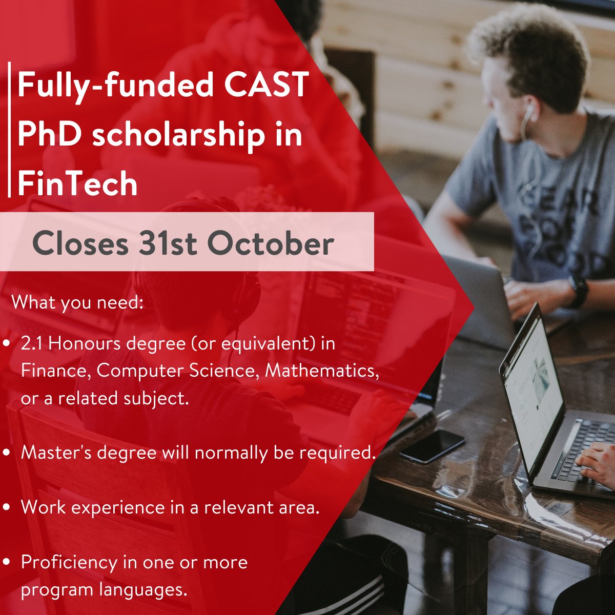 Fully-funded CAST PhD scholarship in #FinTech available, supervised by Dr Barry Quinn (@quinference). 

Applications close on the 31st of October 2022.

ow.ly/wi1z50L5yKG