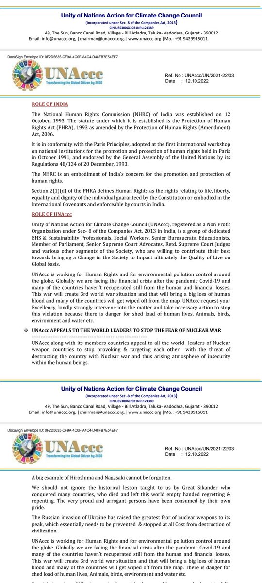 UNAcccNews's tweet photo. Cease Fire Peace Appeal Dossier by UNAccc to @antonioguterres @UN @POTUS @Ukraine @DefenceU @Plaid_Putin @UNDP @UNDP_India @UNDPPA @UNPeacekeeping @Peace @USAGov @KamalaHarris @rashtrapatibhvn @narendramodi @nuclearblasteu Nuclear War Nation Declare ANTI HUMAN AS TERRORIST NATION https://t.co/bbvVMncWwV