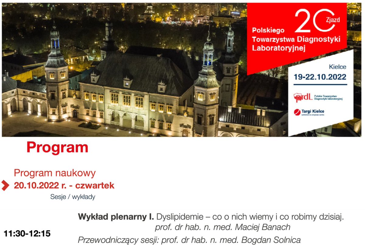 maciejbanach's tweet photo. Zapraszam na Wykład Plenarny podczas Jubileuszowego Zjazdu #PTDL, podczas którego przedstawię aktualny stan wiedzy na temat diagnostyki i postępowania w zaburzeniach lipidowych "#Dyslipidemie –co o nich wiemy i co robimy dzisiaj". Dziękuję za zaproszenie!
https://t.co/BAUGiGXhcS https://t.co/VGamvvF4Da