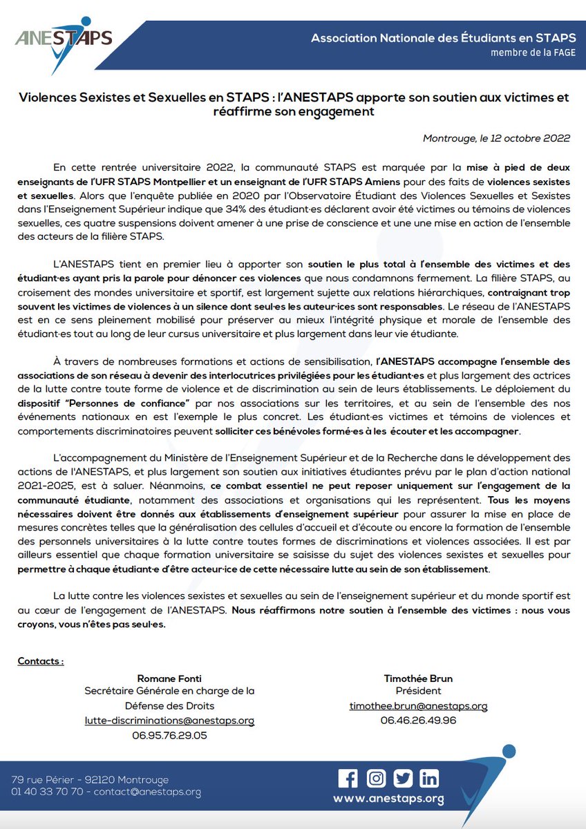 [ #ViolencesSexistesEtSexuelles ❌]

Suite à la suspension de 3 enseignants #STAPS pour des faits de violences sexistes et sexuelles, l'ANESTAPS apporte son soutien le plus total à l'ensemble des victimes.

La lutte contre les #VSS est au coeur de notre action ⤵️

(1/3)