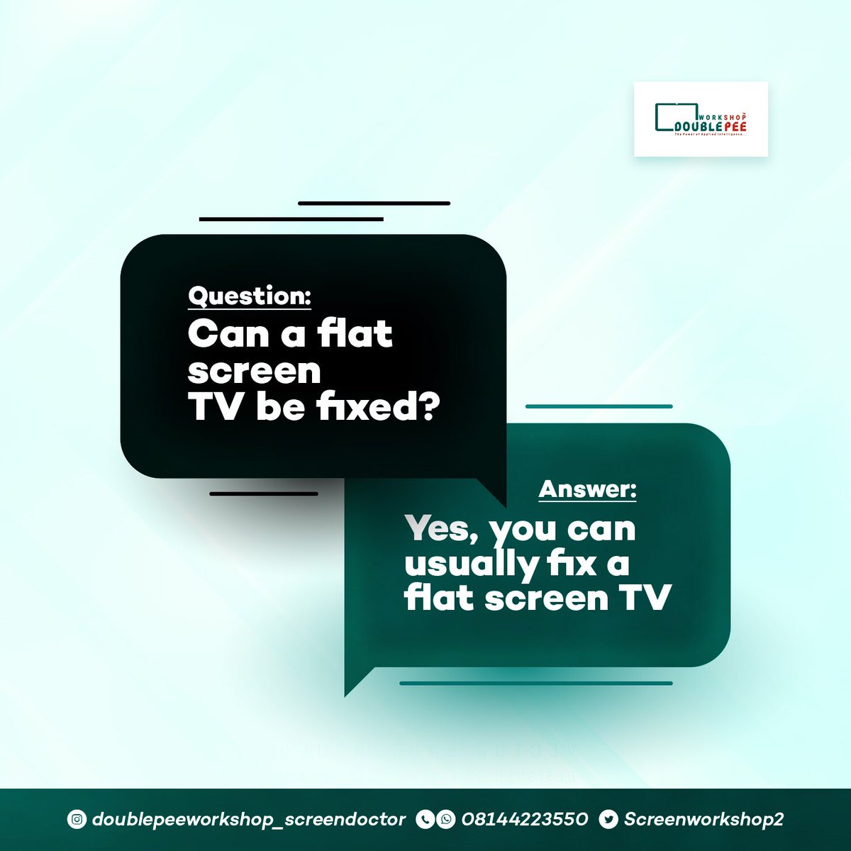 Screenworkshop2's tweet photo. Whatever issue you have with your flat Tv screen, it can be fixed and that’s what we do, that’s why we are here 

Send a dm or click on the link in the bio or call 08144223550

#screen #screenrepair #tvrepair #ledtv #repairservice #homeapplianceservice #smallbusiness https://t.co/Vm29P1vTz3