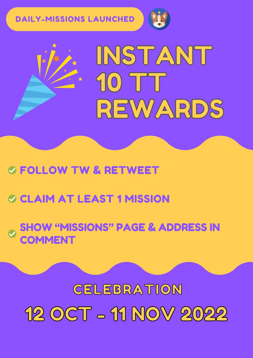 Missions launched Celebration
Instant 10TT rewards🎁🎁

conditions
👉Follow TW &amp; Retweet
👉Claim at least 1 Mission
👉Show your “Missions” page &amp; address in comment

Rewards will be distributed on GMT 10/14, 10/21, 10/28, 11/4.

The event will end when 400 participants or Nov 11.