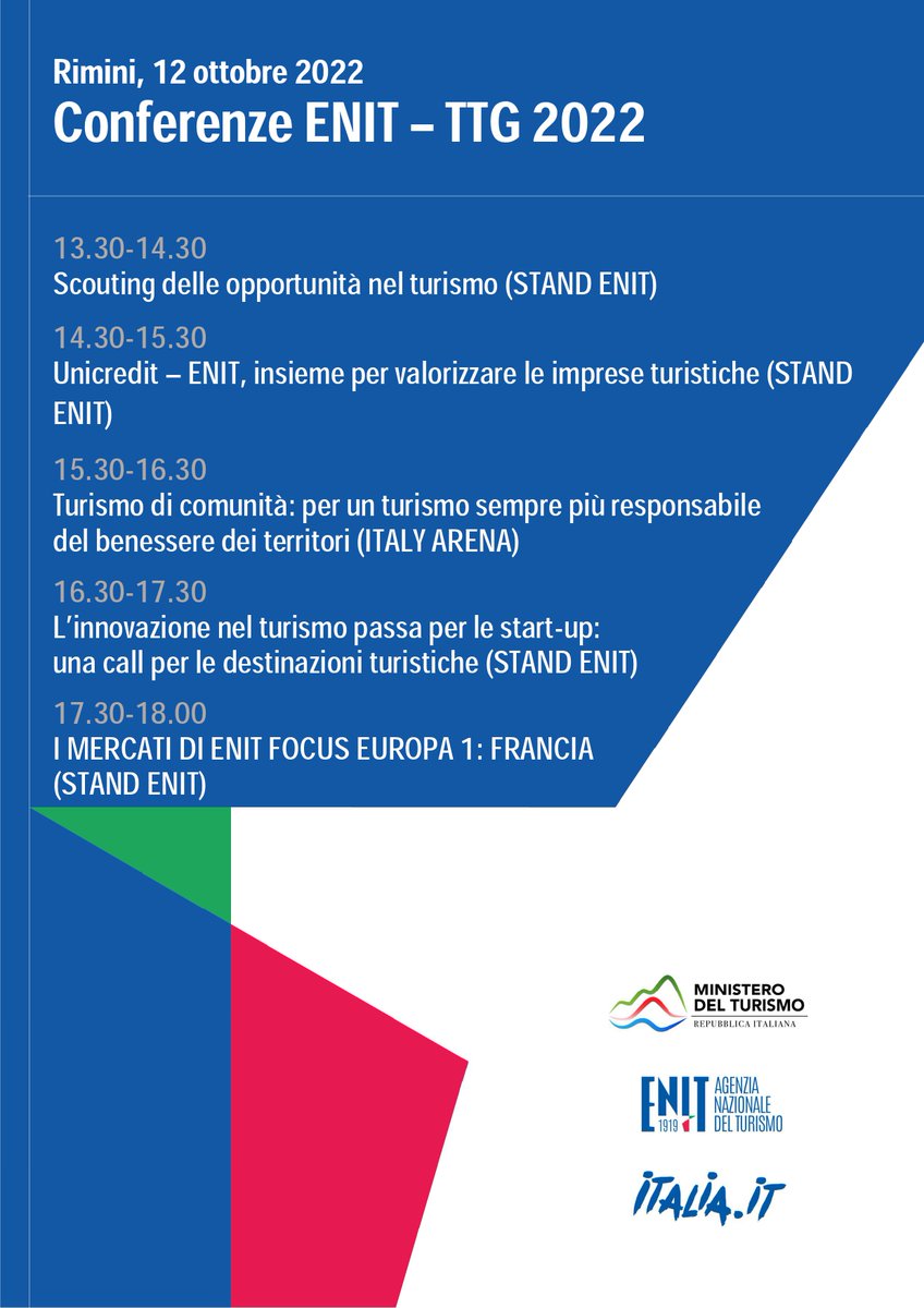 #TTG2020 - Il programma delle conferenze ENIT di oggi, 12 ottobre.
Nel pomeriggio di oggi parleremo di opportunità di sviluppo per le imprese e le destinazioni turistiche, sostenibilità e innovazione. Il programma si chiude con un focus sul mercato francese.
@TtgExpo <a href="/ttgitalia/">TTG Italia</a>