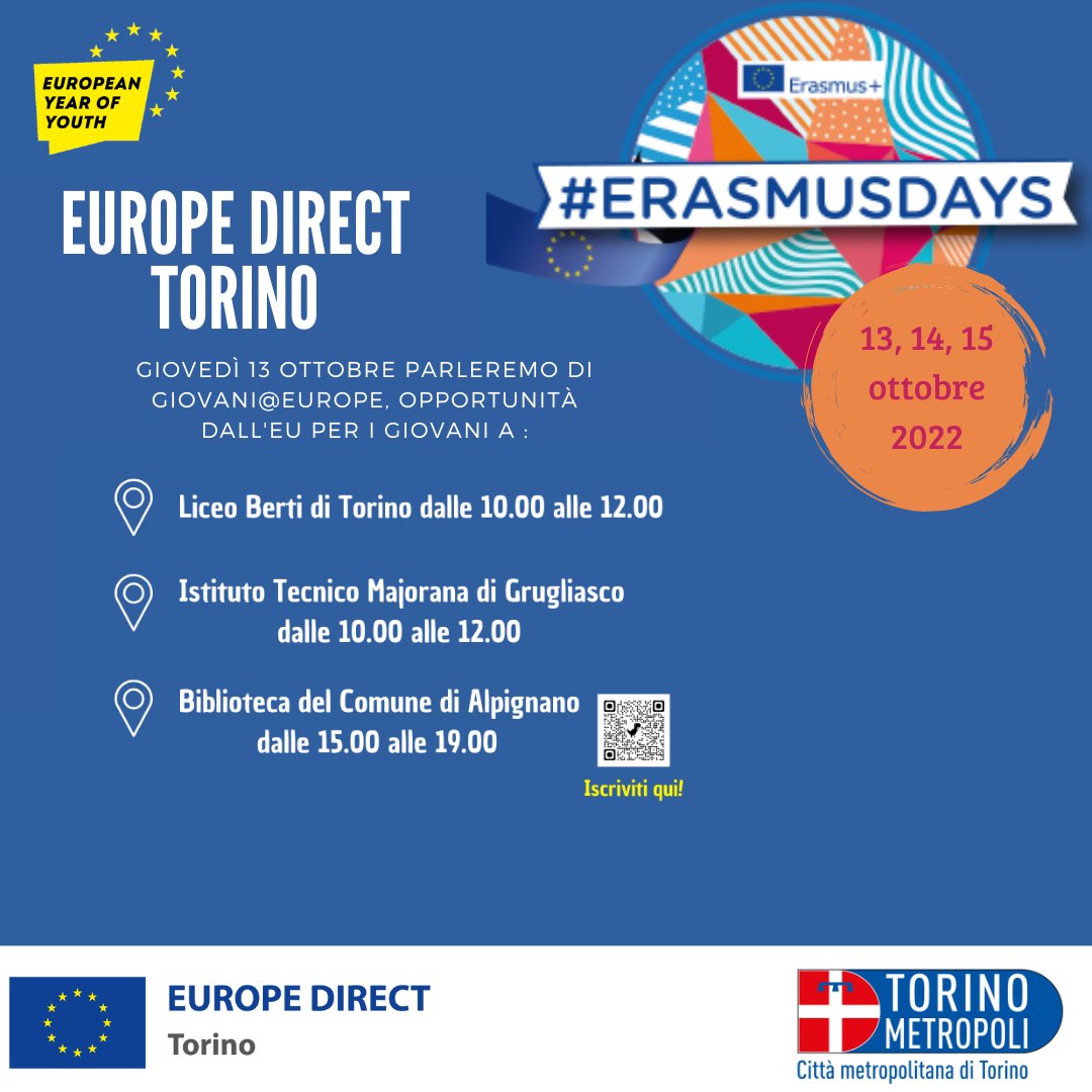 🗺️Gli #EramusDays2022 stanno per iniziare, ci saremo anche noi!

📅Il 𝟏𝟑 𝐨𝐭𝐭𝐨𝐛𝐫𝐞 saremo a:
📌Liceo Berti di Torino dalle 10.00 alle 12.00
📌Istituto Tecnico Majorana di Grugliasco dalle 10.00 alle 12.00
📌Biblioteca del Comune di Alpignano dalle 15.00 alle 19.00