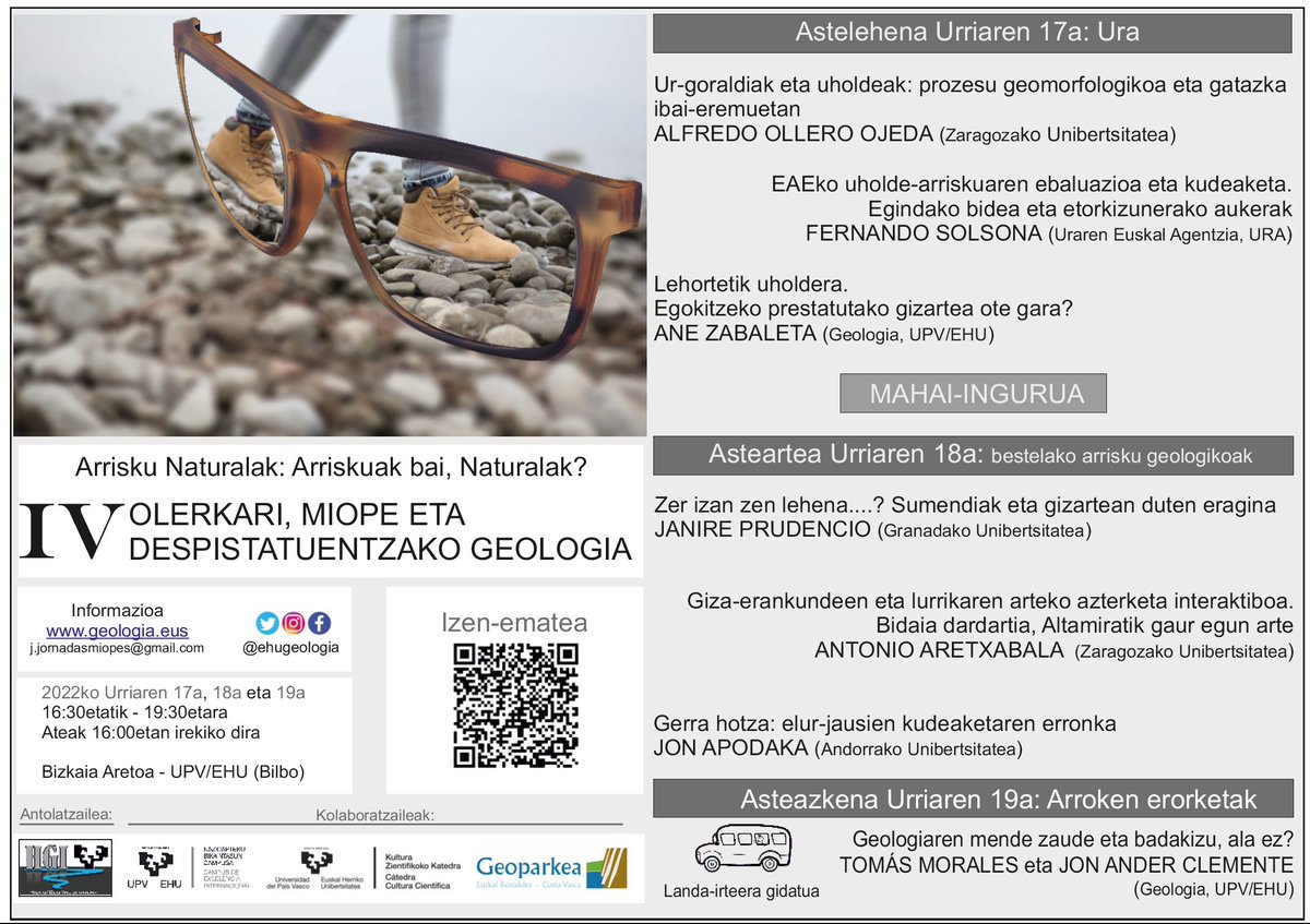 Olerkari, miope eta despistatuentzako #geologia jardunaldiak laster berriro gure artean; aurten, arrisku naturalak hizpide @ehugeologia