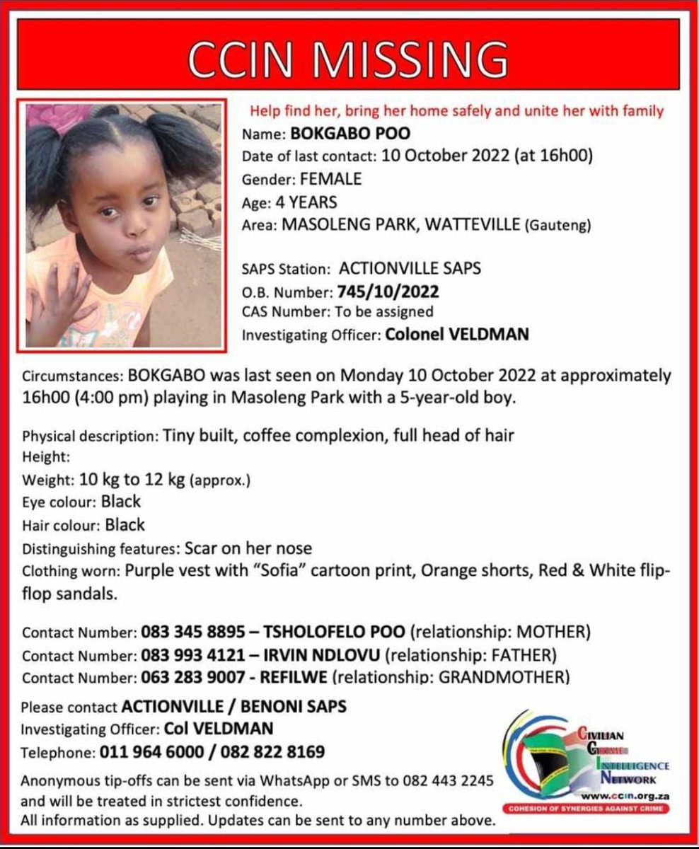 Apple_Khay's tweet photo. Good Morning, Yesterday, Bakgabo Poo was reported missing by her mother in Watteville, Benoni in the city of Ekurhuleni. Please, kindly assist by sharing this information and if anyone has seen her, please contact the details below. Thank you https://t.co/2Q8aUK7KsT